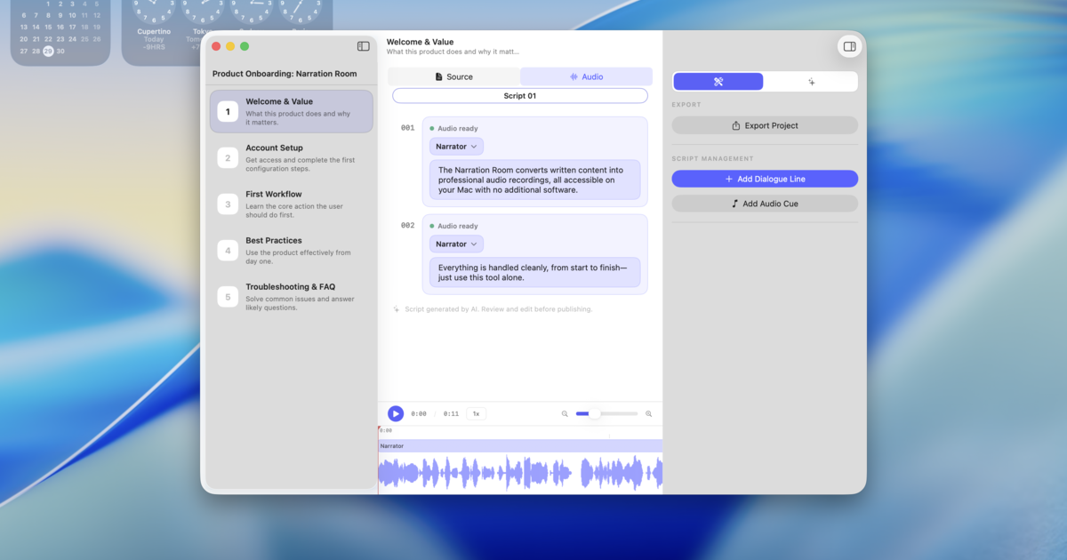 Narration Room, a creator studio on Mac that turns text into narrated audio fully on-device logo
